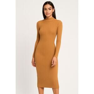 Nasty Gal Women’s Mockneck Ribbed Long Sleeve Midi Sweater Dress Brown Size 2
